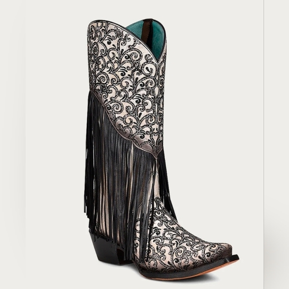 🖤🔹️CORRAL BOOTS🔹️ Black Mexico MadeEmbroidered Fringe Western Heeled Boots
